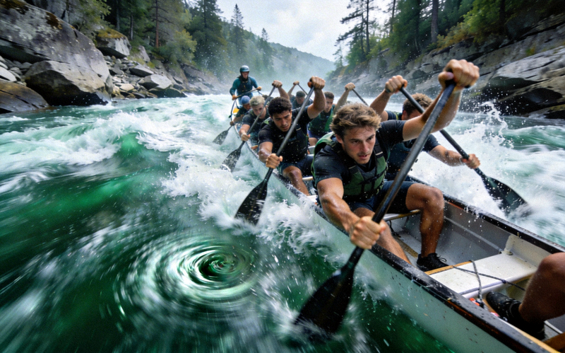 皮划艇队伍在湍急的河流中激流勇进
